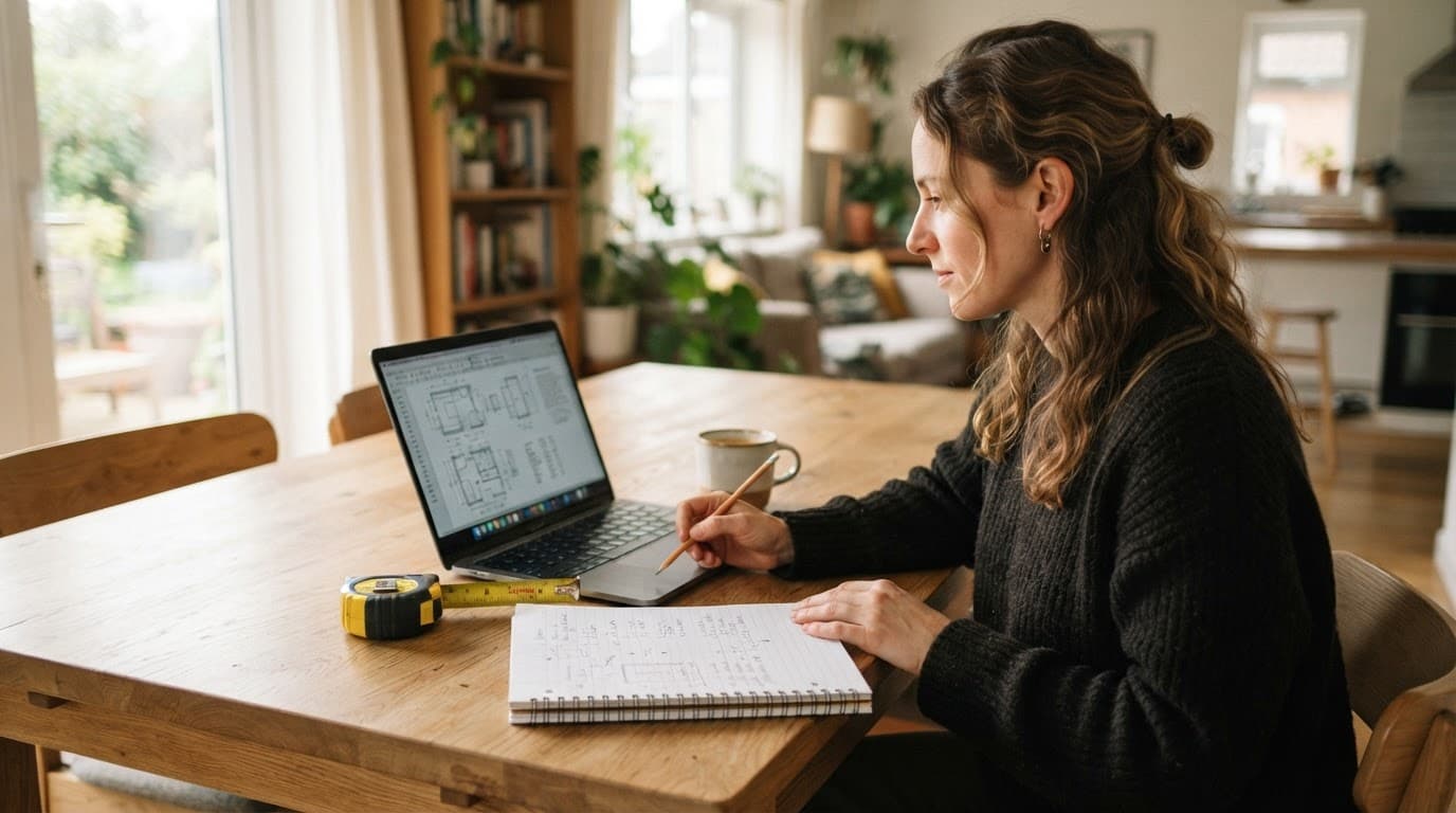 Bathroom Replacement Guide: Costs, Layouts and Online Buying Tips 4 Person checking bathroom details on a laptop beside a tape measure.