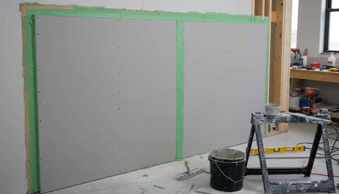 A close-up view of moisture-resistant backer boards being installed on a bathroom wall frame.