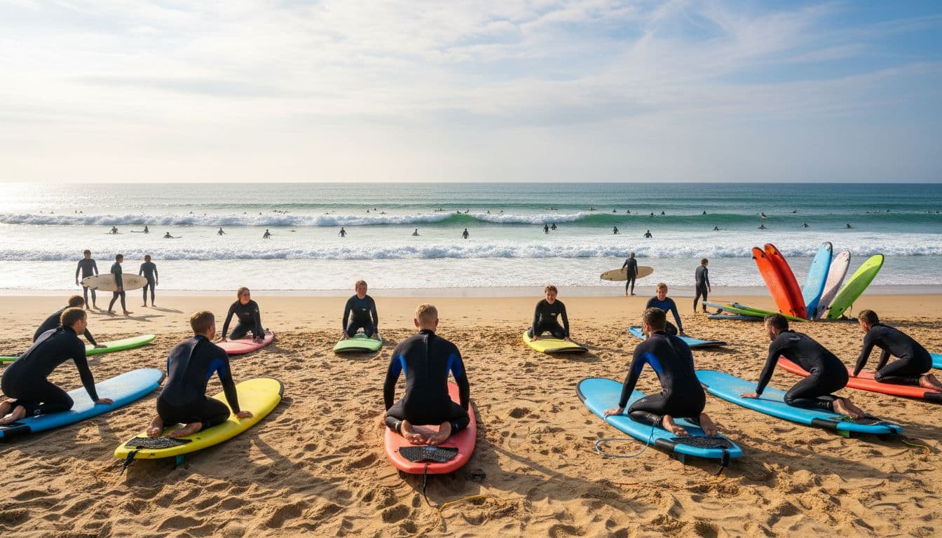 Beginners taking a surf lesson at Woolacombe Bay, Devon, with instructors in wetsuits helping groups on the sandy beach near small breaking waves. Foreground shows learners practising pop-ups on soft foam boards amid a lively beach vibe with sparkling sea and colourful surfboards.