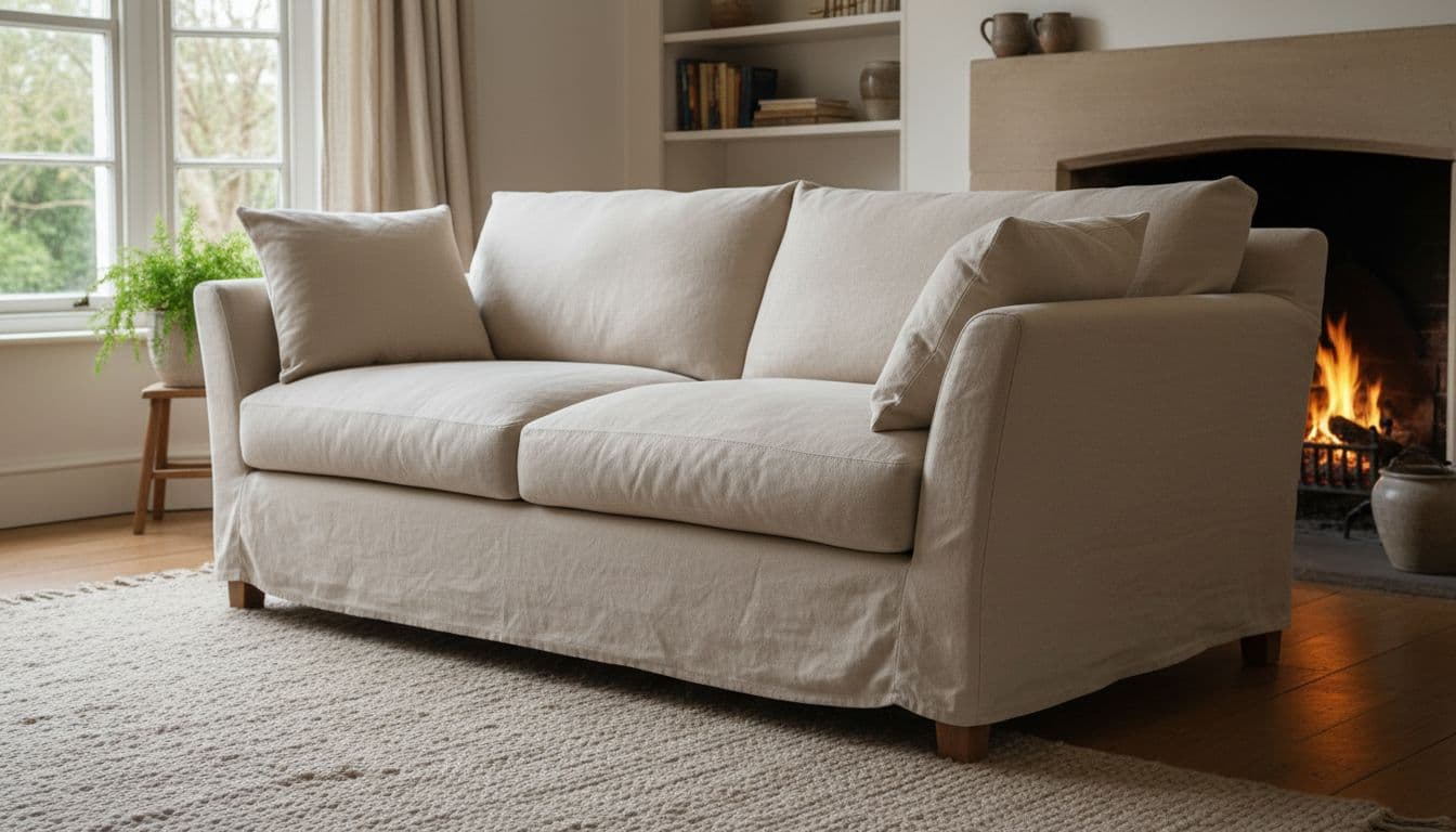Beige slipcovered sofa with loose fabric over wooden frame in cozy living room with natural daylight.