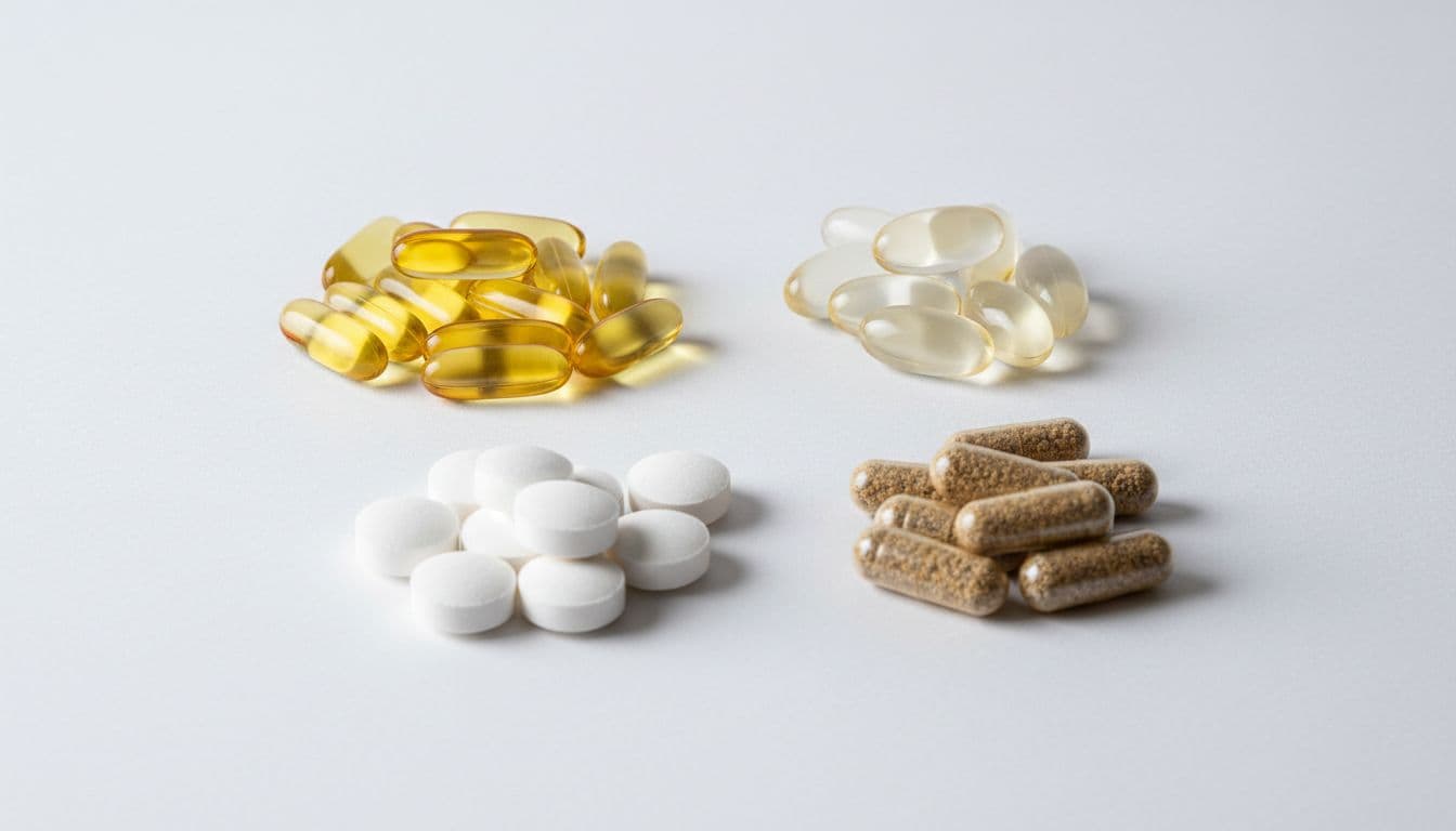 Assortment of supplement capsules including berberine, fibre, magnesium, and omega-3 neatly arranged in small groups on a neutral white surface with soft studio lighting in a clean minimalistic product style.
