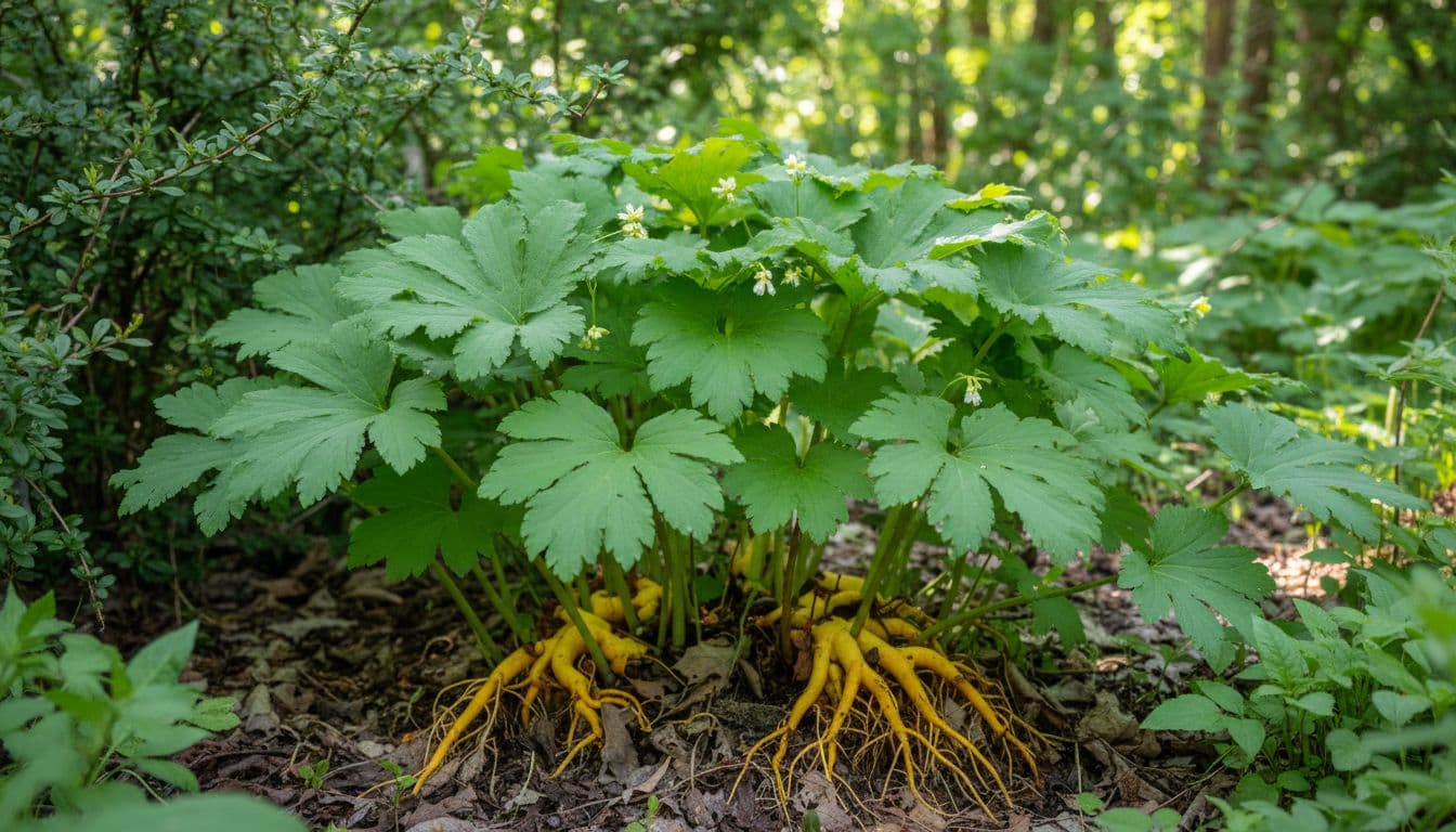 Close-up of vibrant green goldenseal or barberry shrubs with yellow roots in a natural garden, photorealistic under soft daylight.