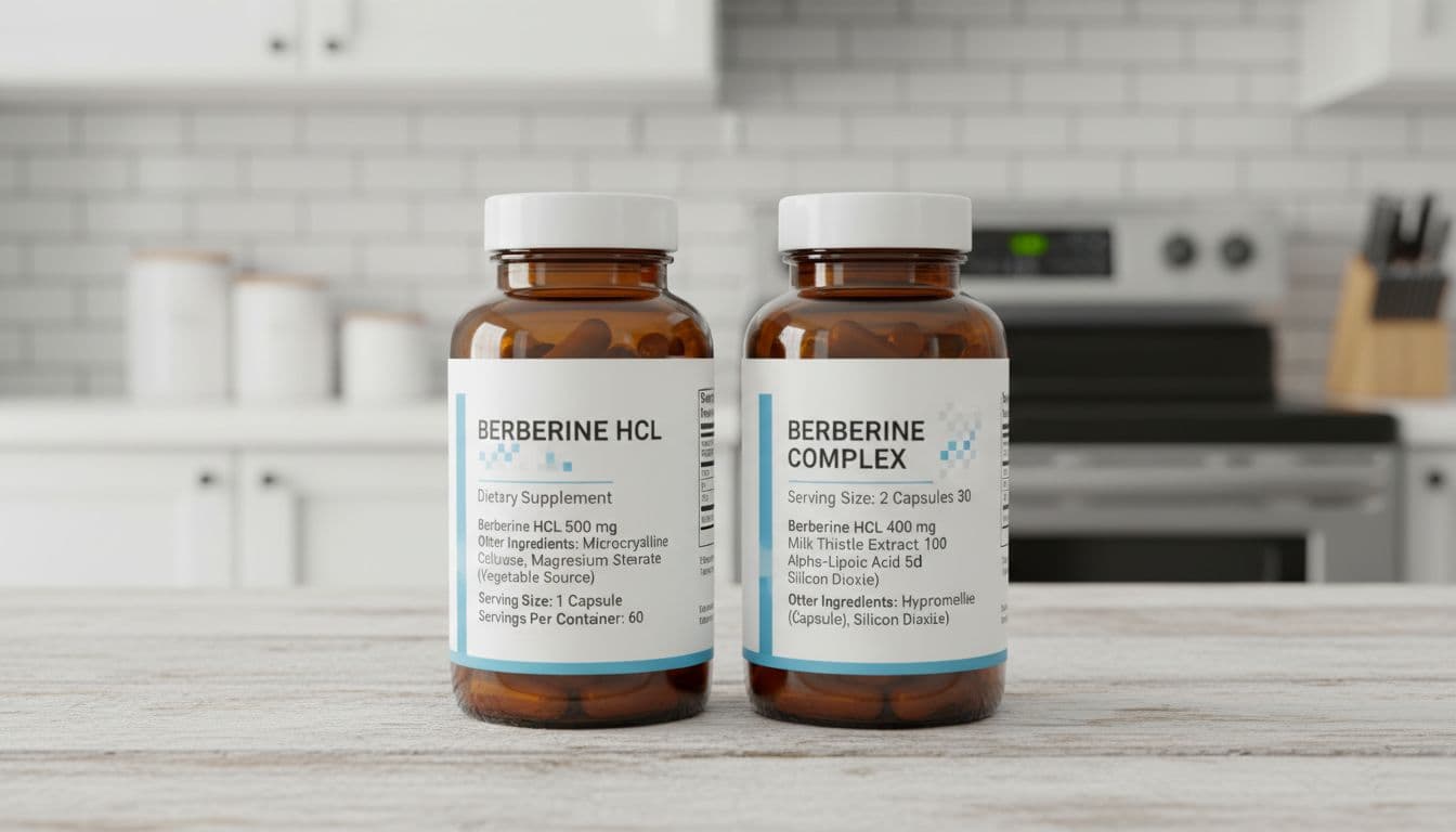 Two berberine HCl capsule bottles side by side on a wooden table, displaying clear ingredient lists and serving sizes in a photorealistic product photography style with bright lighting and clean kitchen background.