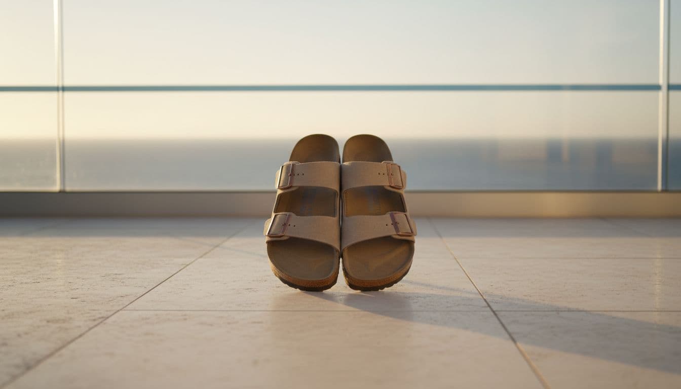 Two neutral suede Birkenstock Arizona sandals stand upright side by side on sunlit terrace floor with blurred ocean horizon.