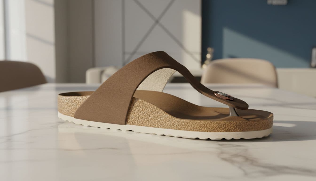 Close-up of Birkenstock cork latex footbed on marble surface, showing deep heel cup, arch support, and contoured toe area.