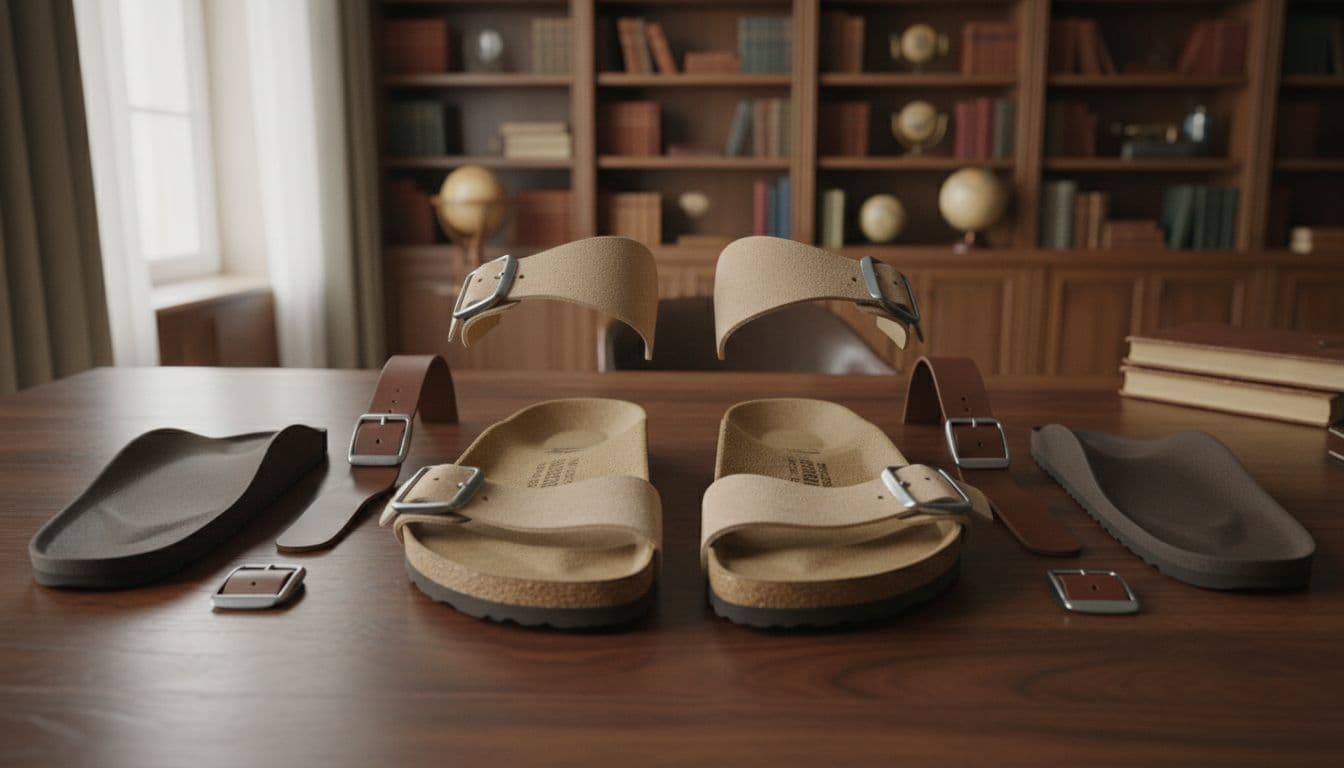 Birkenstock sandal components including cork footbed, suede upper, leather straps, rubber sole, and metal buckles arranged on polished wooden table in study.