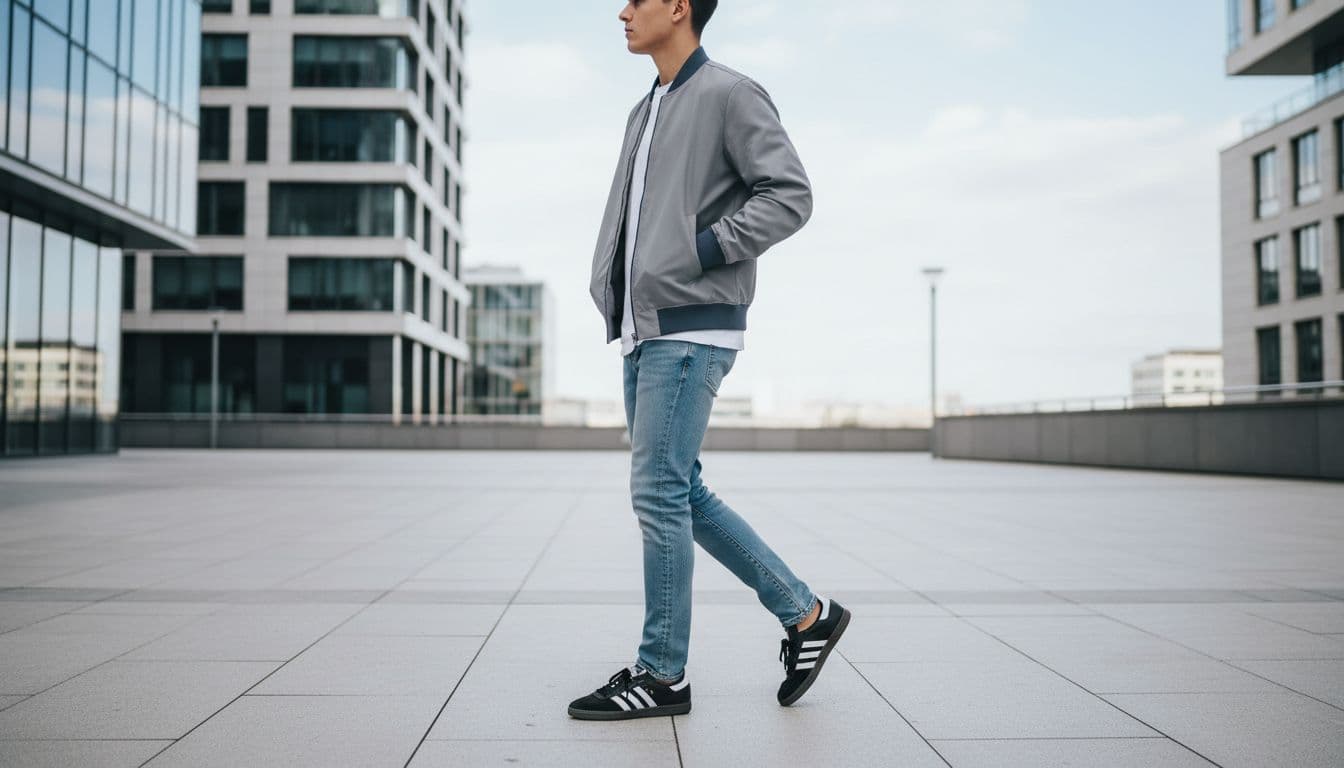 Young adult in slim jeans and light jacket wearing black Adidas Samba trainers, walking naturally on clean urban pavement in modern city street during soft daylight, side three-quarter full body view.