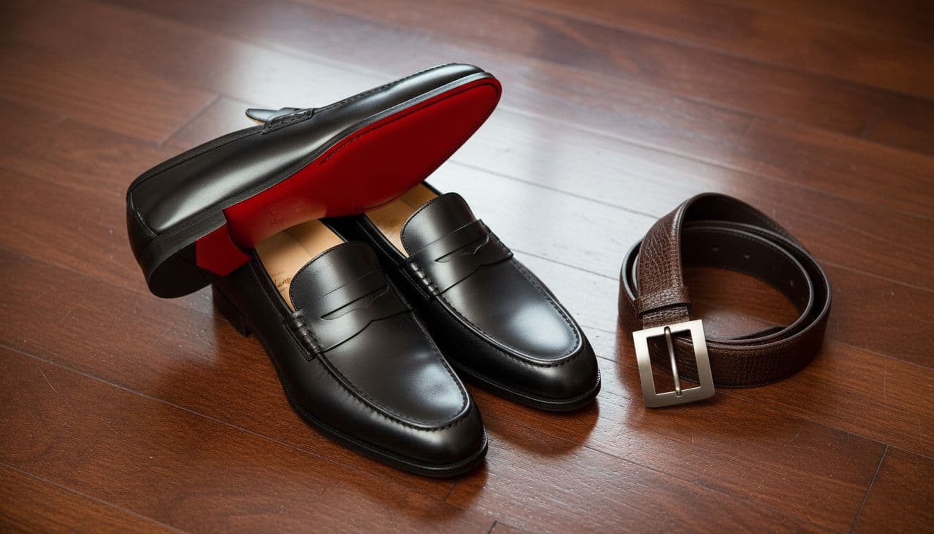 Pair of black Louboutin men's penny loafers with iconic red bottoms, placed on a polished wooden floor beside a leather belt. Top-down composition emphasizing sleek design, luxury leather texture, detailed stitching, and shine under soft overhead lighting.