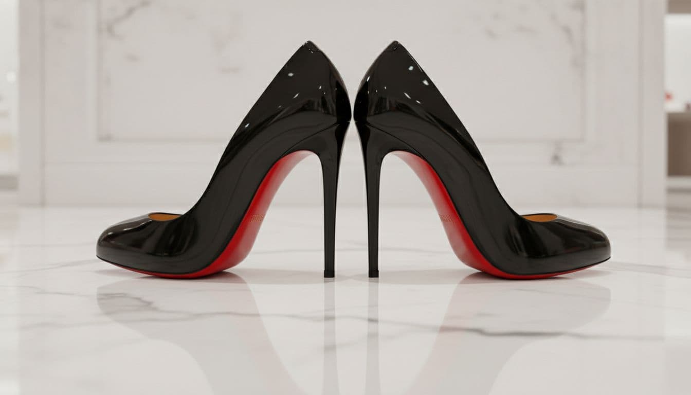 A pair of iconic black patent leather Louboutin high-heeled pumps with signature red lacquered soles visible from the bottom, on a clean white marble surface in a luxury boutique setting.