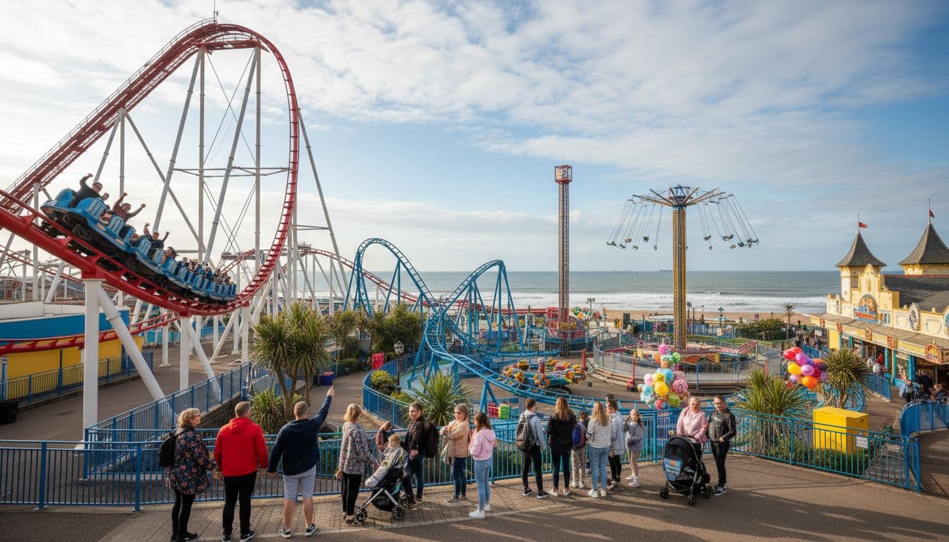 Rollercoasters and thrill rides at Blackpool Pleasure Beach on a partly cloudy day, with families queuing and riding the prominent Big One coaster in a colorful park setting near the sea.