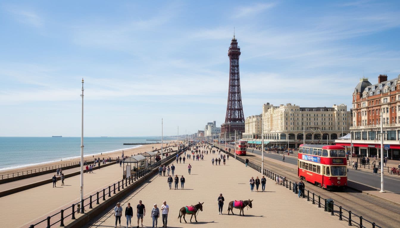Iconic Blackpool Tower rises above the promenade on a bright summer day, with Irish Sea backdrop, people strolling with donkeys and trams, evoking classic British seaside vibe in photorealistic wide landscape.