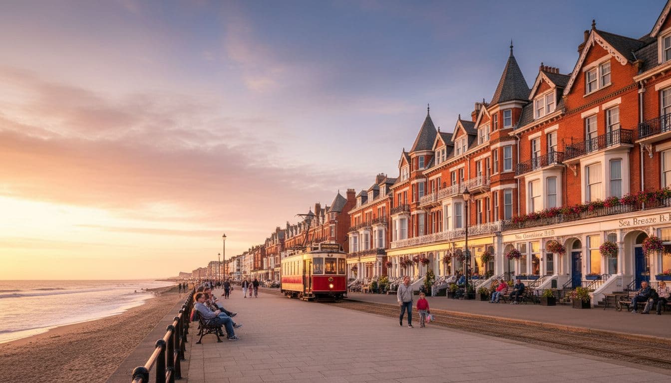 Row of classic Victorian-style seafront hotels and B&Bs along Blackpool promenade at golden hour sunset, with calm Irish Sea waves, heritage tram, and 8-12 people relaxing outside in welcoming atmosphere.