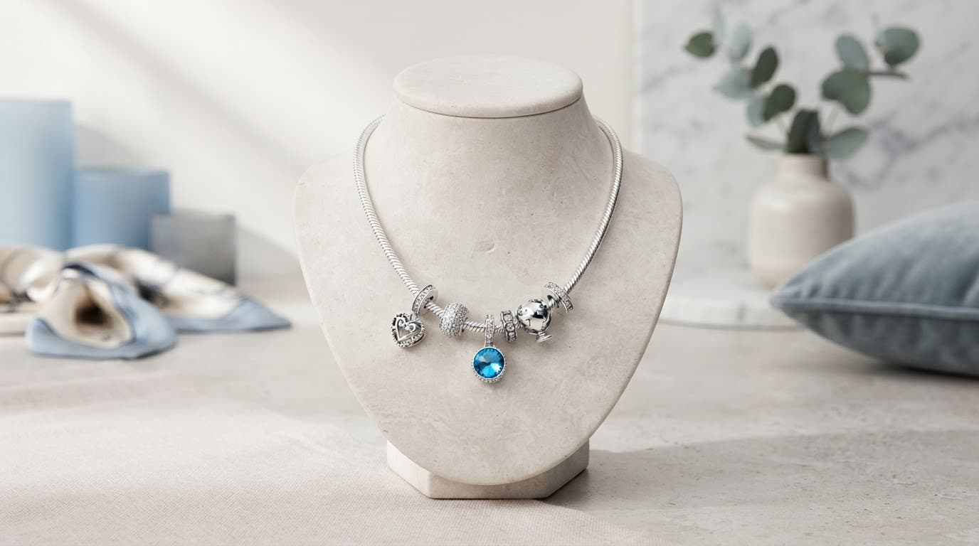 Silver charm necklace with symbolic charms and a blue stone on a pale display stand.