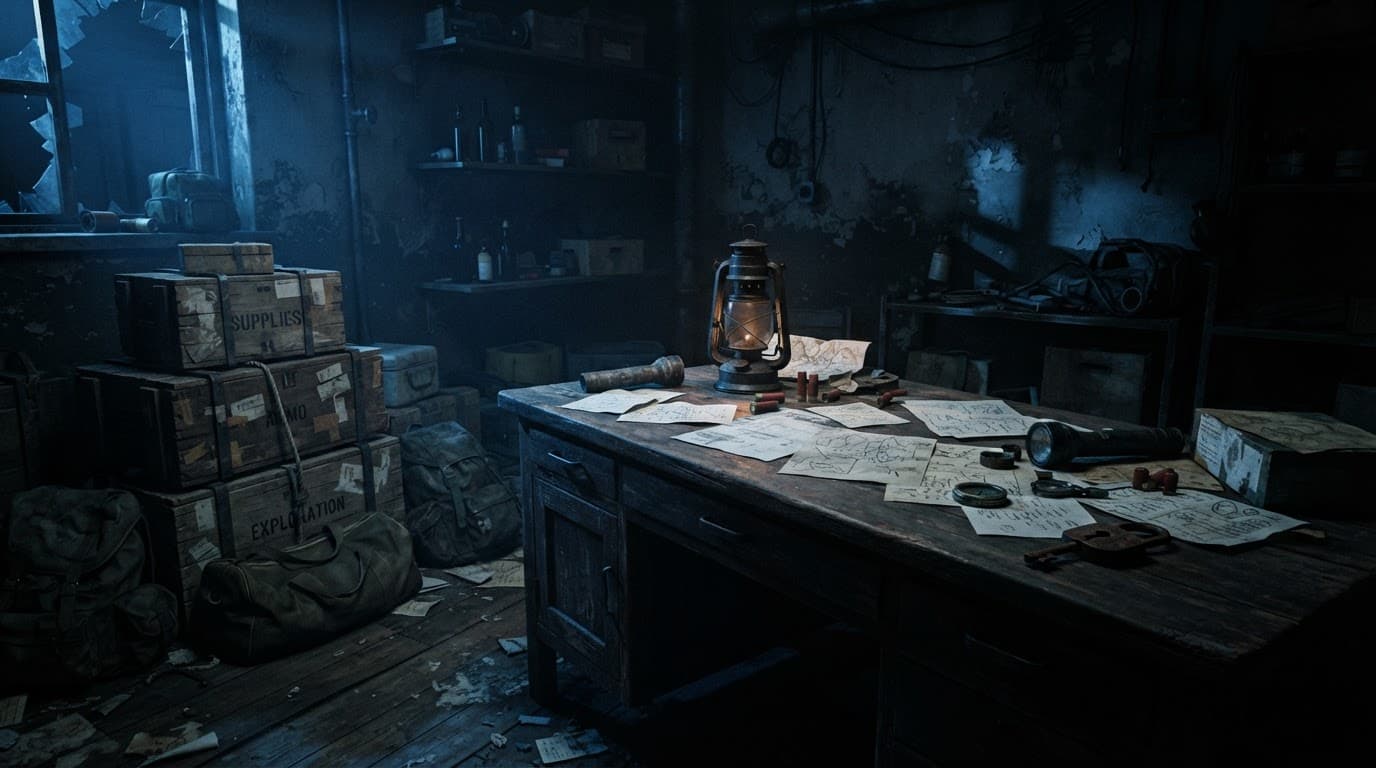 A dark room with crates, notes, and a wooden desk under blue light.