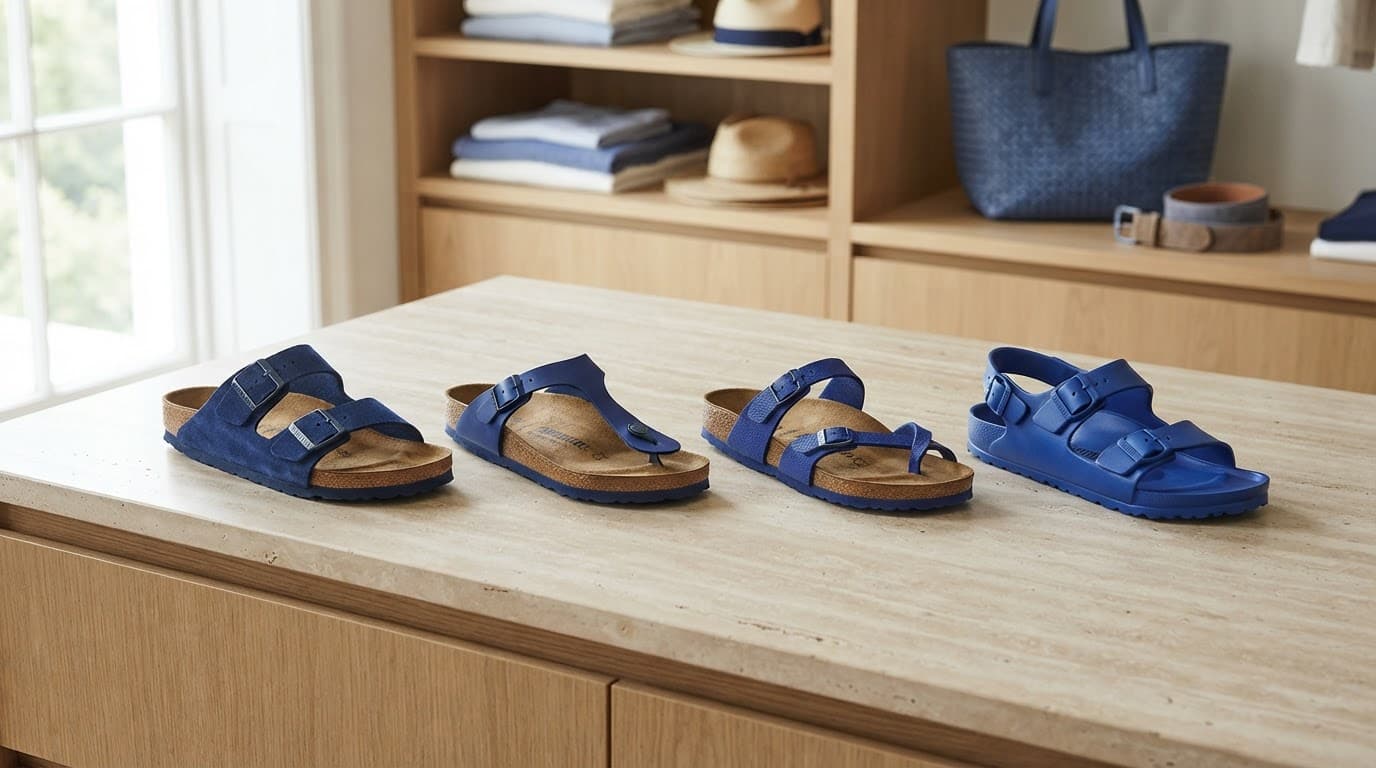 Four blue-accented sandal pairs arranged on a stone surface.