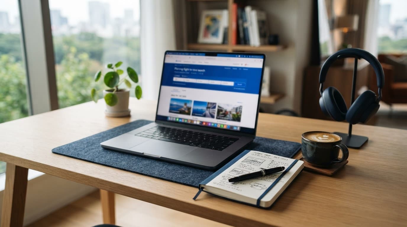 Skyscanner: Compare Flights, Hotels and Car Hire 6 Laptop, travel notes, and coffee sit on a modern desk in soft daylight.