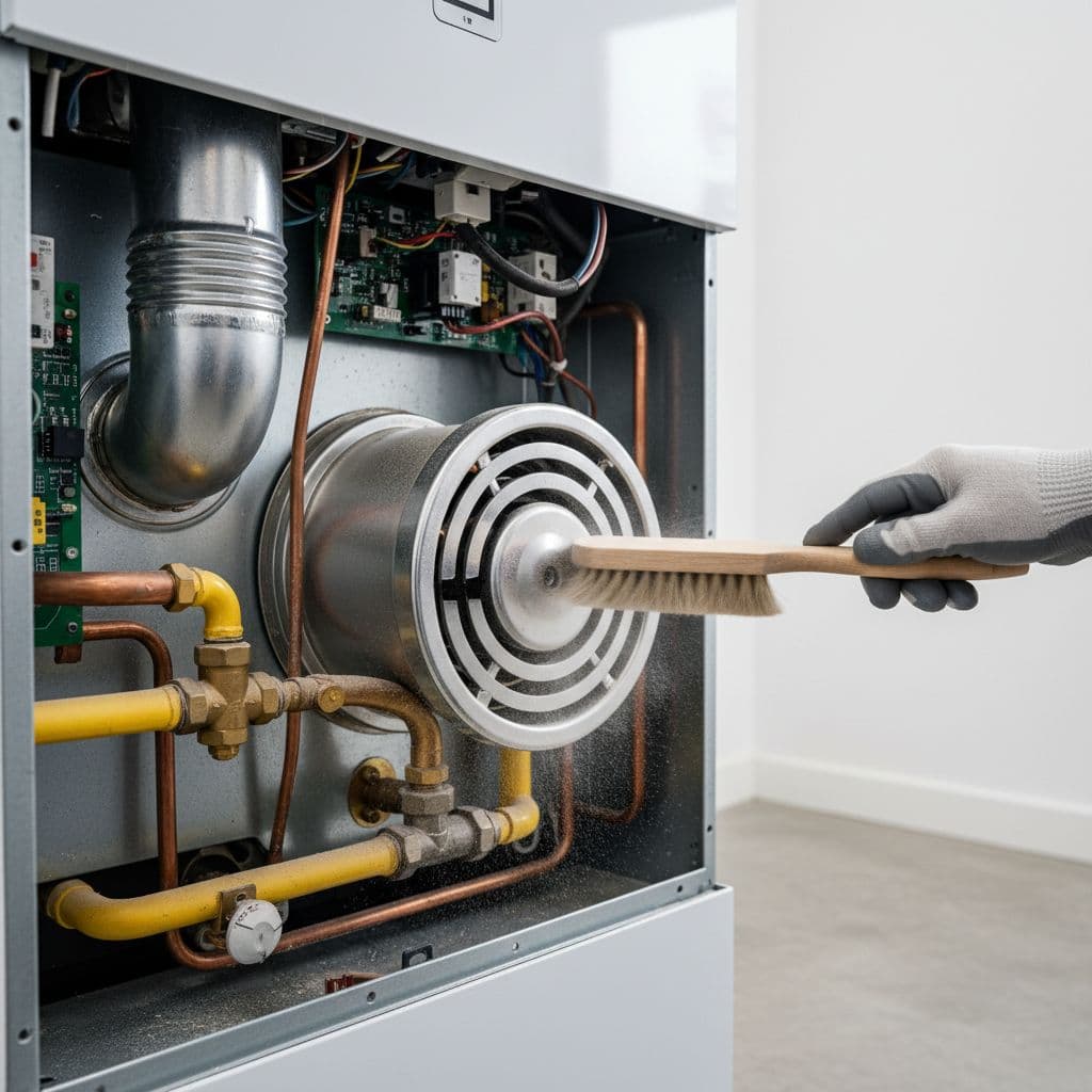 Close up of boiler burner cleaning during a service