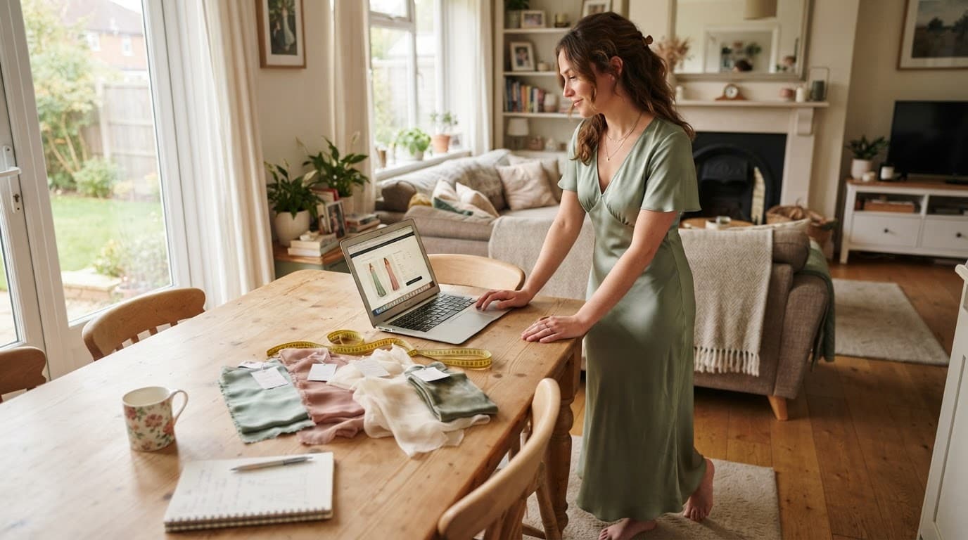 A bridesmaid checks a dress order on a laptop beside fabric swatches and measuring tape.