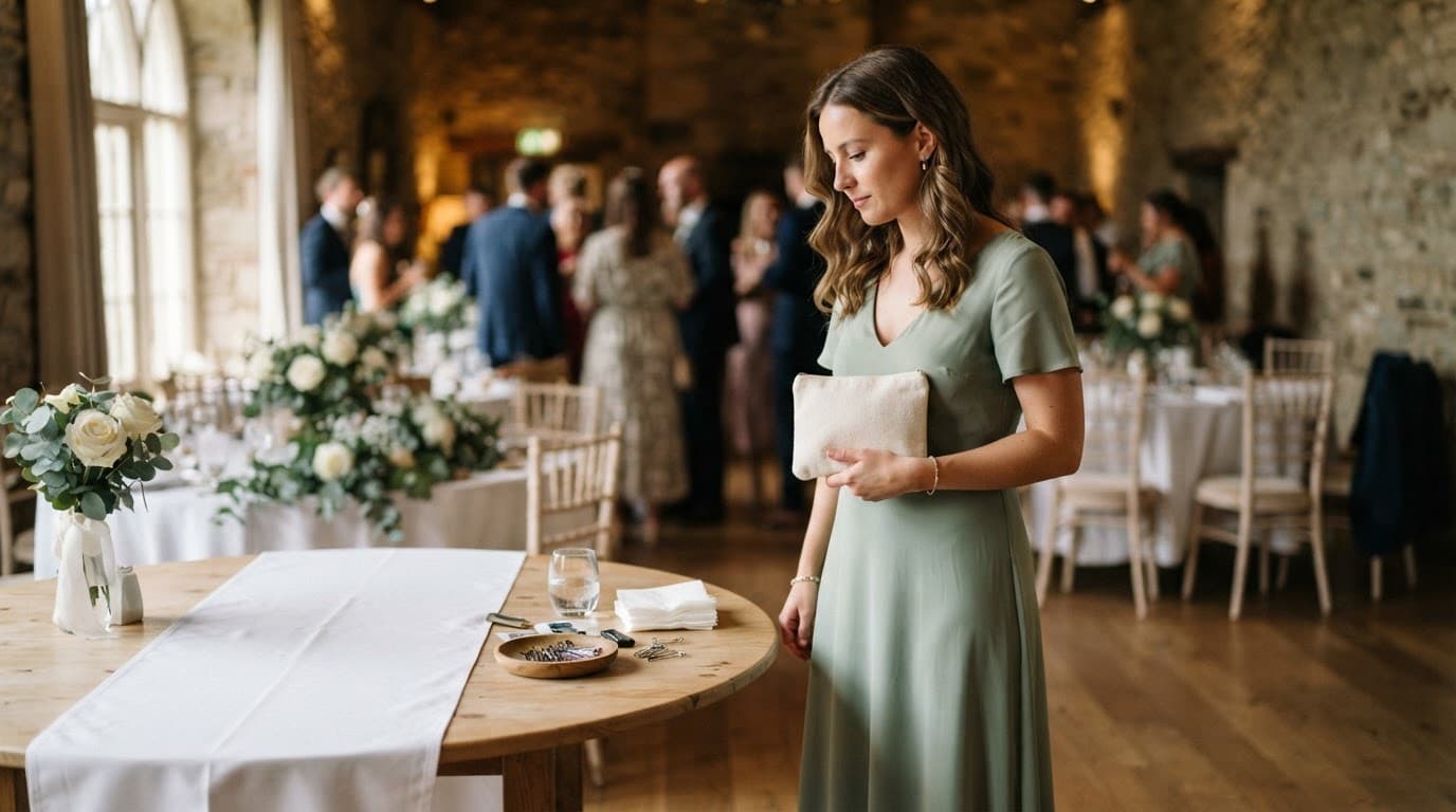 A bridesmaid holds an emergency pouch beside wedding-day essentials on a reception table.
