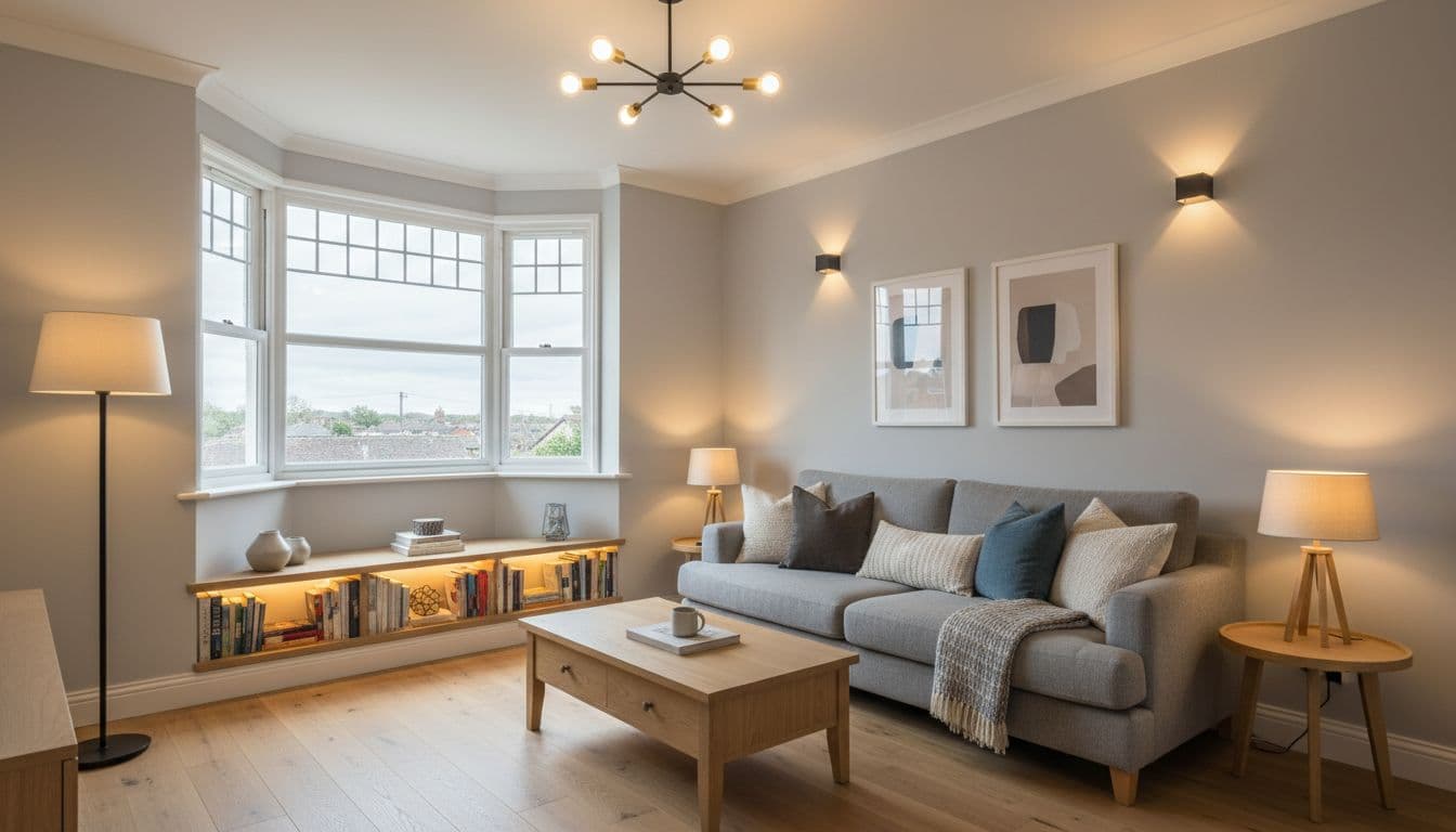 Bright modern UK north-facing living room with layered lighting and warm glow