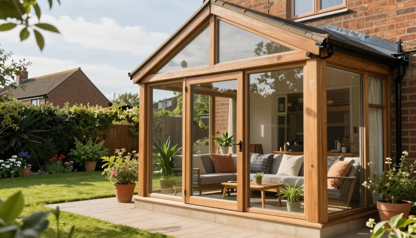 A bright sunroom extension on the back of a typical semi-detached UK house, featuring large glass panels and a pitched roof, filled with natural light during a sunny afternoon. Inside, comfortable seating with cushions, potted plants, and a small table overlook a lush green garden with a lawn and flower beds.