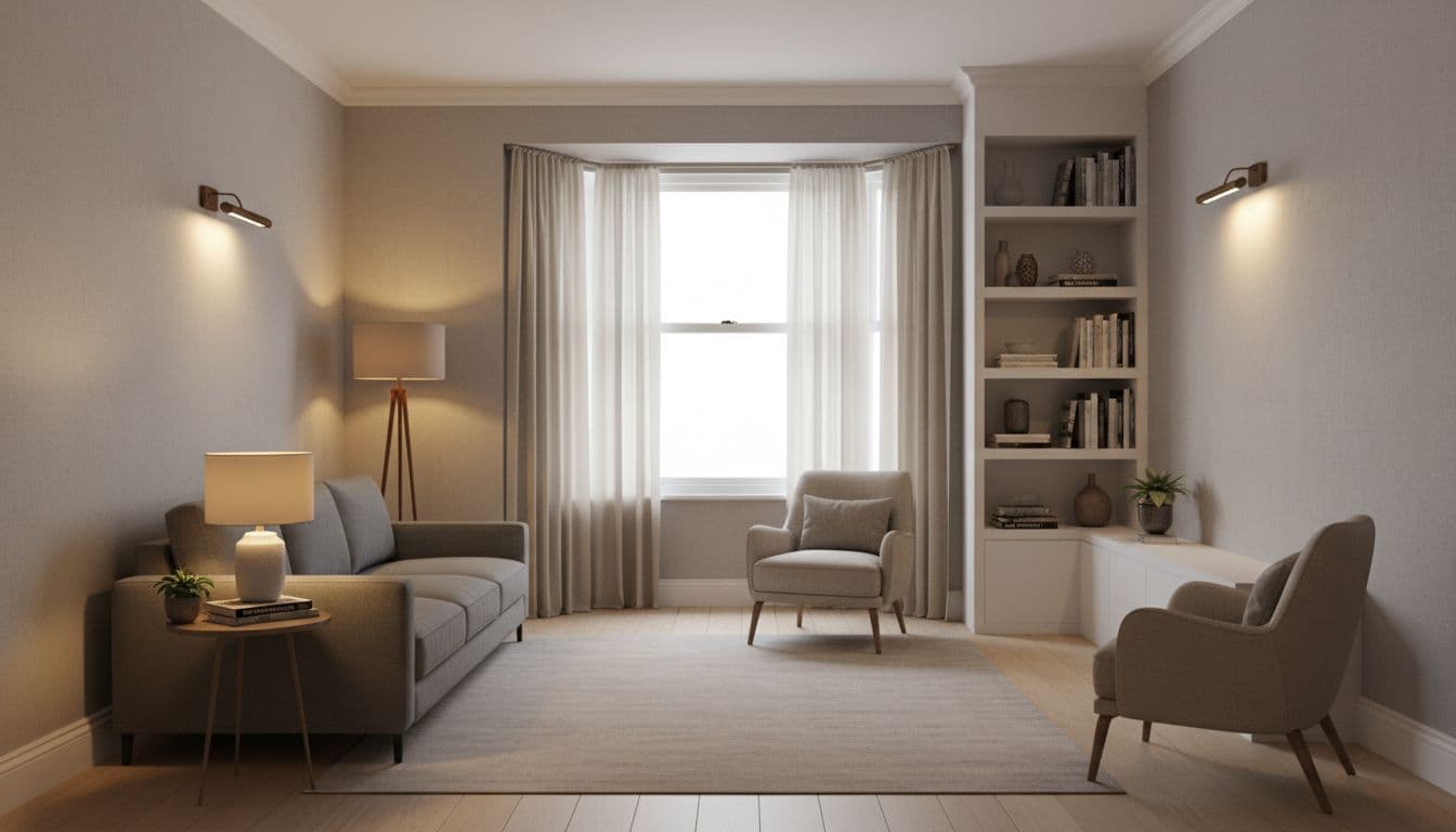Clean, realistic 3D visualisation of a small UK Victorian terrace living room after an AI-powered lighting plan, featuring warm lamps brightening dark corners in neutral modern decor.