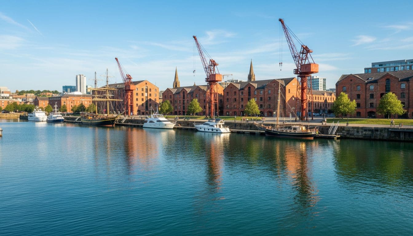 Historic warehouses and cranes along Bristol harbourside quay, moored boats on calm water, two distant walkers.