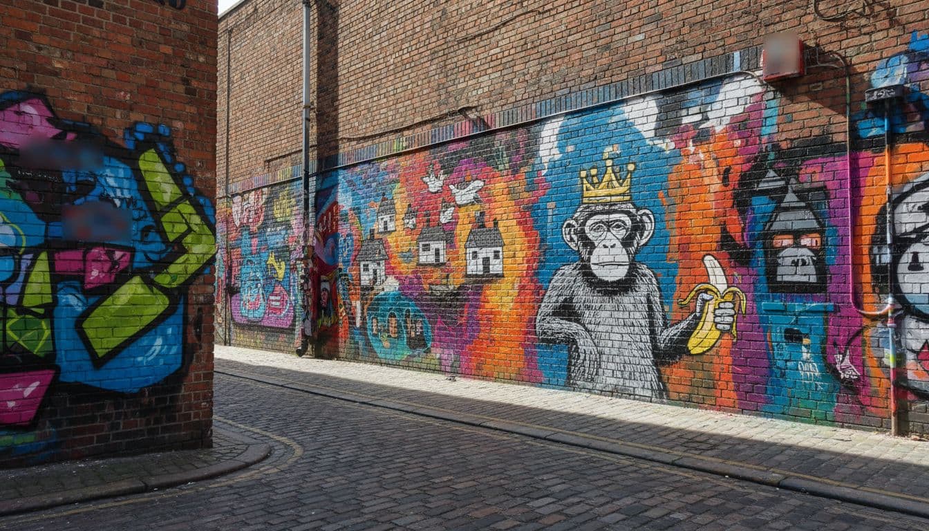 Vibrant graffiti and stencils cover brick walls in a sunlit urban alleyway.