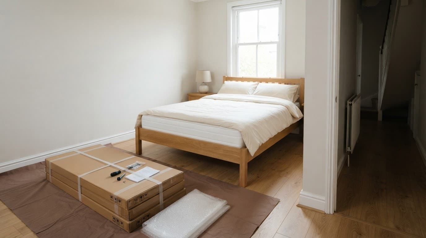 A double bed with clear walking space, doorway access, and packed components beside protective floor covering.