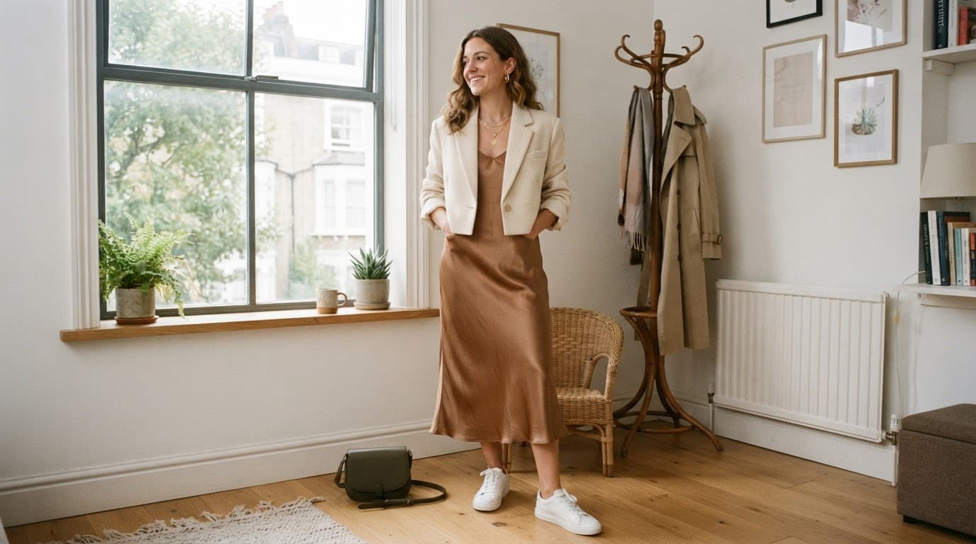 Woman wearing a bronze satin dress, cropped jacket, and trainers beside a chair and shoulder bag.