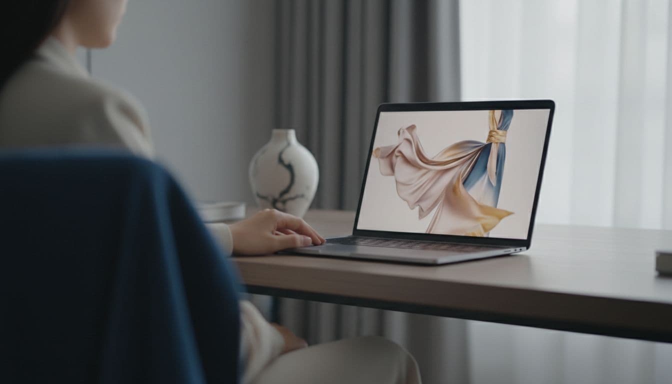 Close-up of hands on laptop screen with abstract shapes in minimalist modern room.
