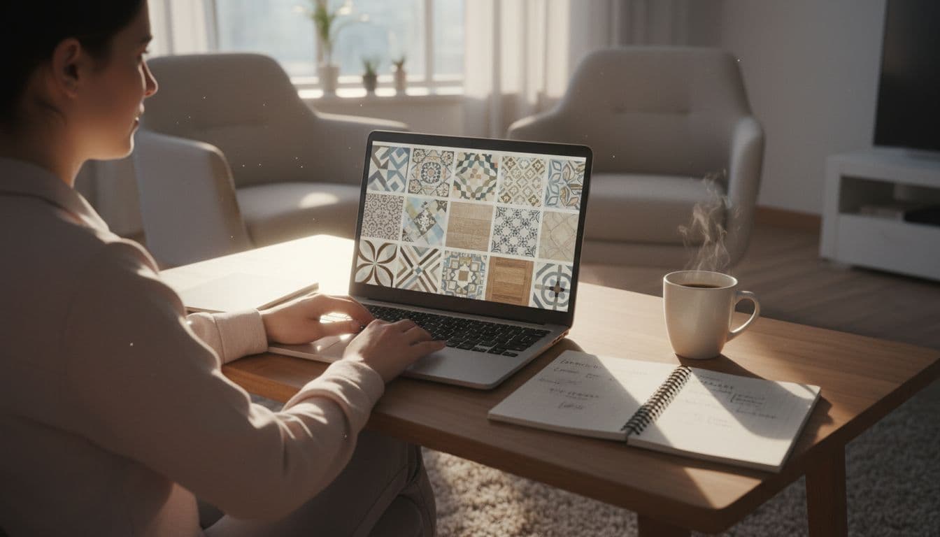 A person at a home desk in a comfortable living room uses a laptop to browse blurred tile product images online, with a notebook of measurements and coffee mug nearby under natural window light.