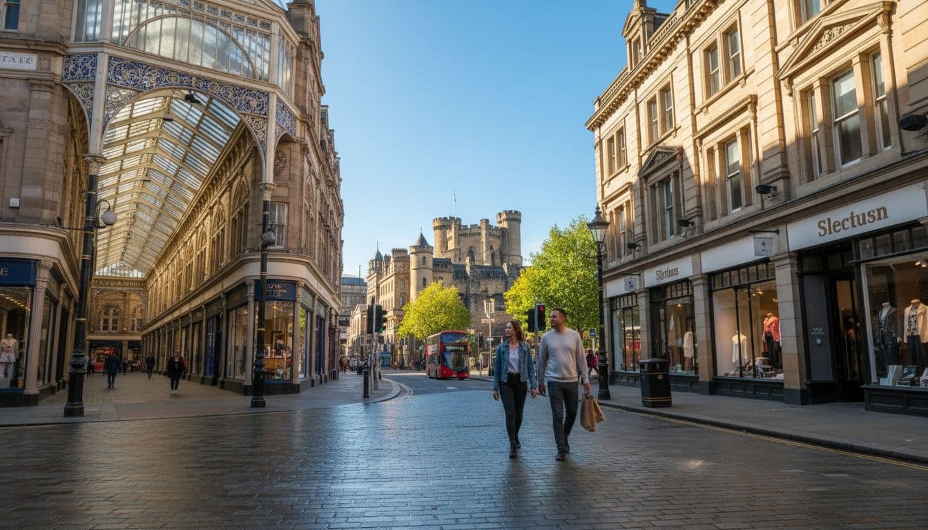 Vibrant daytime street scene in Cardiff city centre showing historic arcades, shops, two casually walking pedestrians, and Cardiff Castle in the background, photorealistic style.