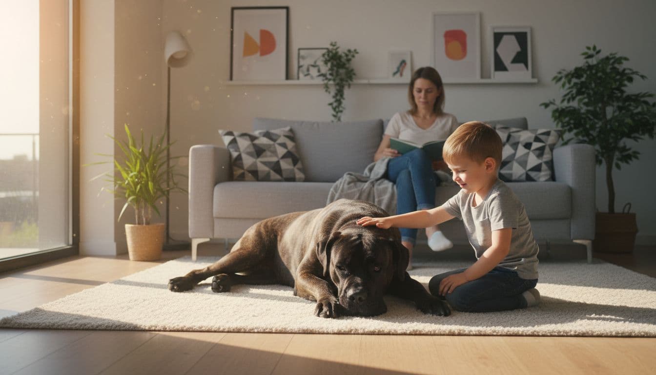 A majestic Cane Corso dog lounges calmly in a modern living room with a family; an adult reads nearby while a child gently pets the dog's head, illuminated by warm natural light.