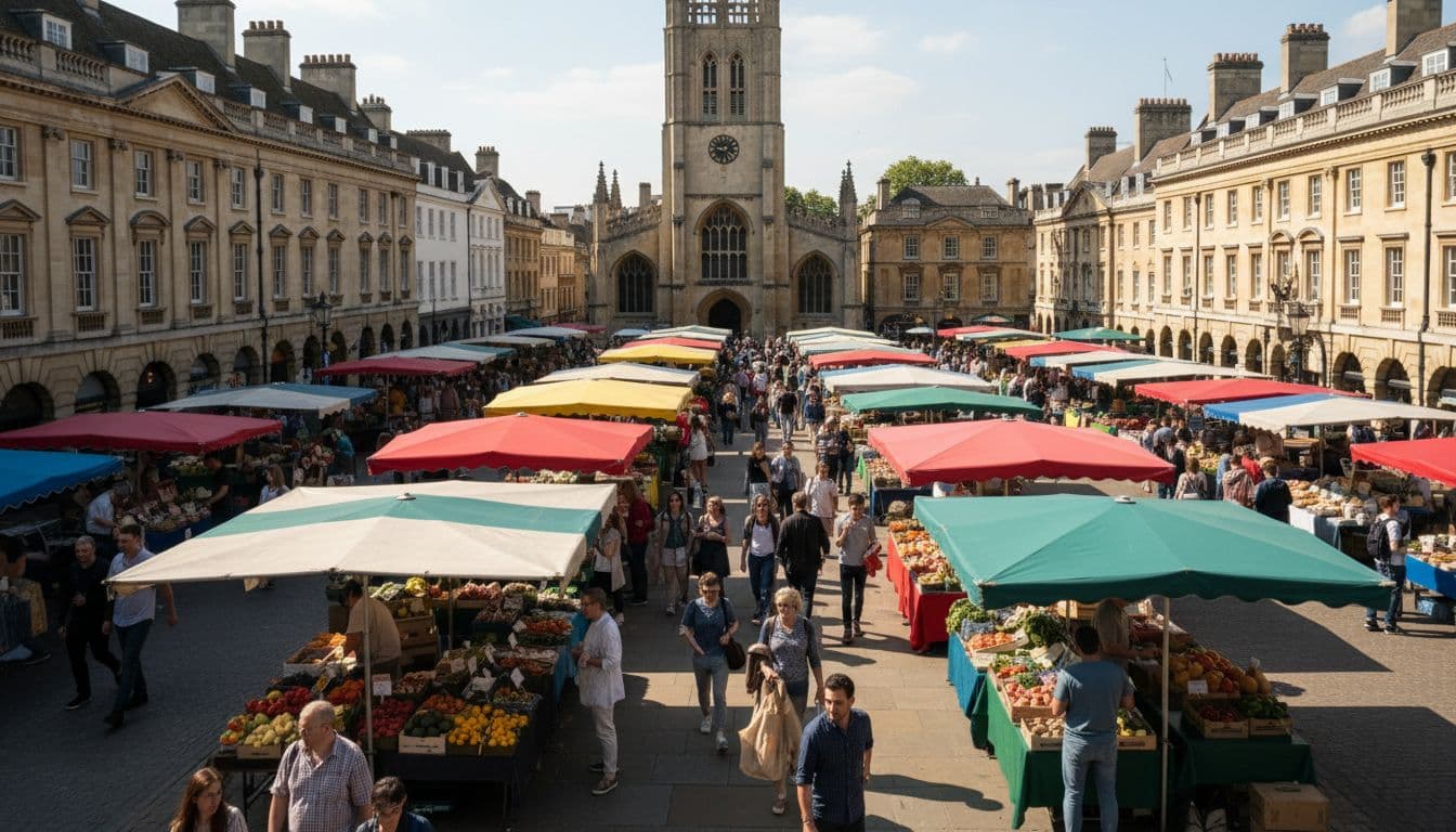 Shoppers browse colourful stalls in a busy historic city square surrounded by traditional stone buildings.