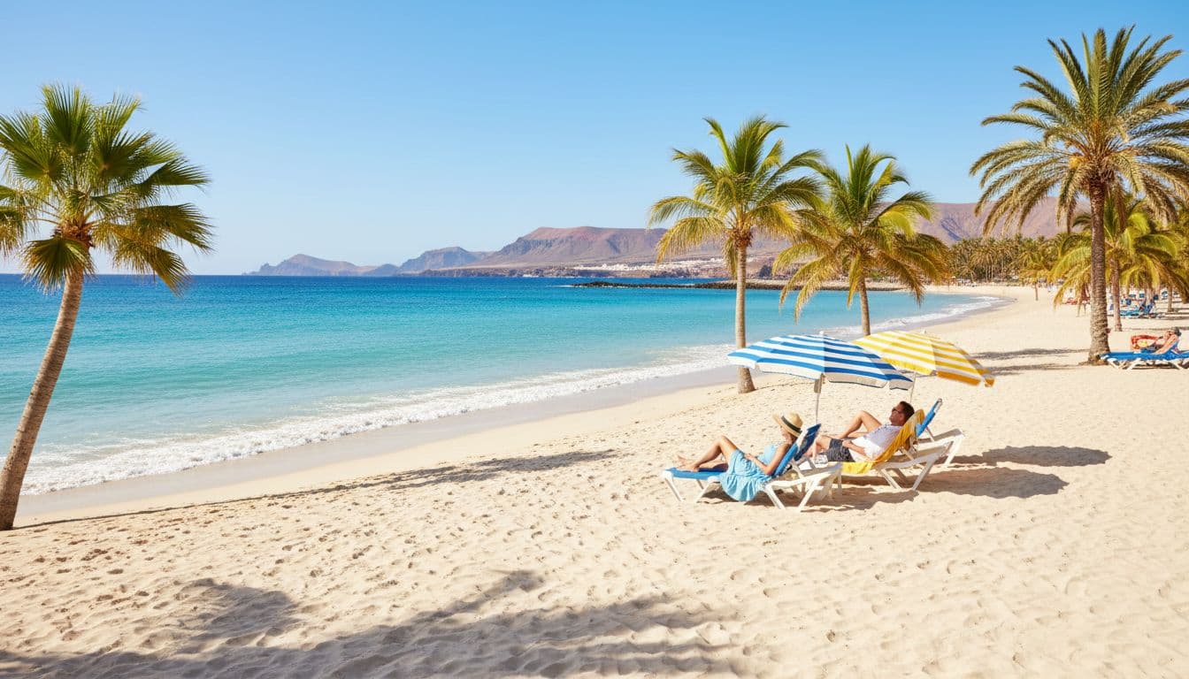 Vibrant sunny beach in the Canary Islands with fine white sand, clear turquoise sea, scattered palm trees, and a couple lounging on beach chairs under large umbrellas, gentle waves, and distant volcanic landscape under a bright blue sky.