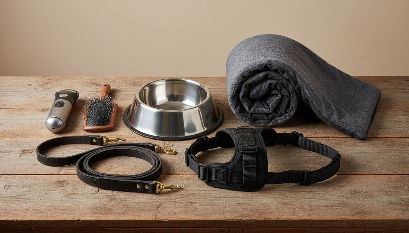 Neat arrangement of practical Cane Corso essentials on a wooden surface, including large stainless steel bowl, heavy-duty leather lead, thick orthopaedic bed, grooming brush, nail grinder, and harness; top-down photorealistic product photo.