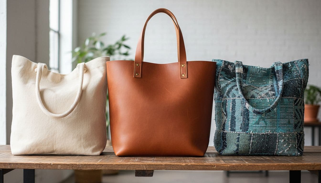 Canvas, leather, and recycled fabric tote bags side by side on a wooden table.