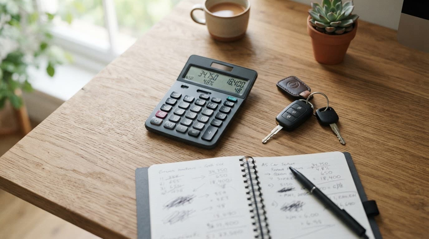 Used Car Warranty Guide: What Cover Really Includes and Costs 4 A car calculator, keys, and notebook on a wooden desk.