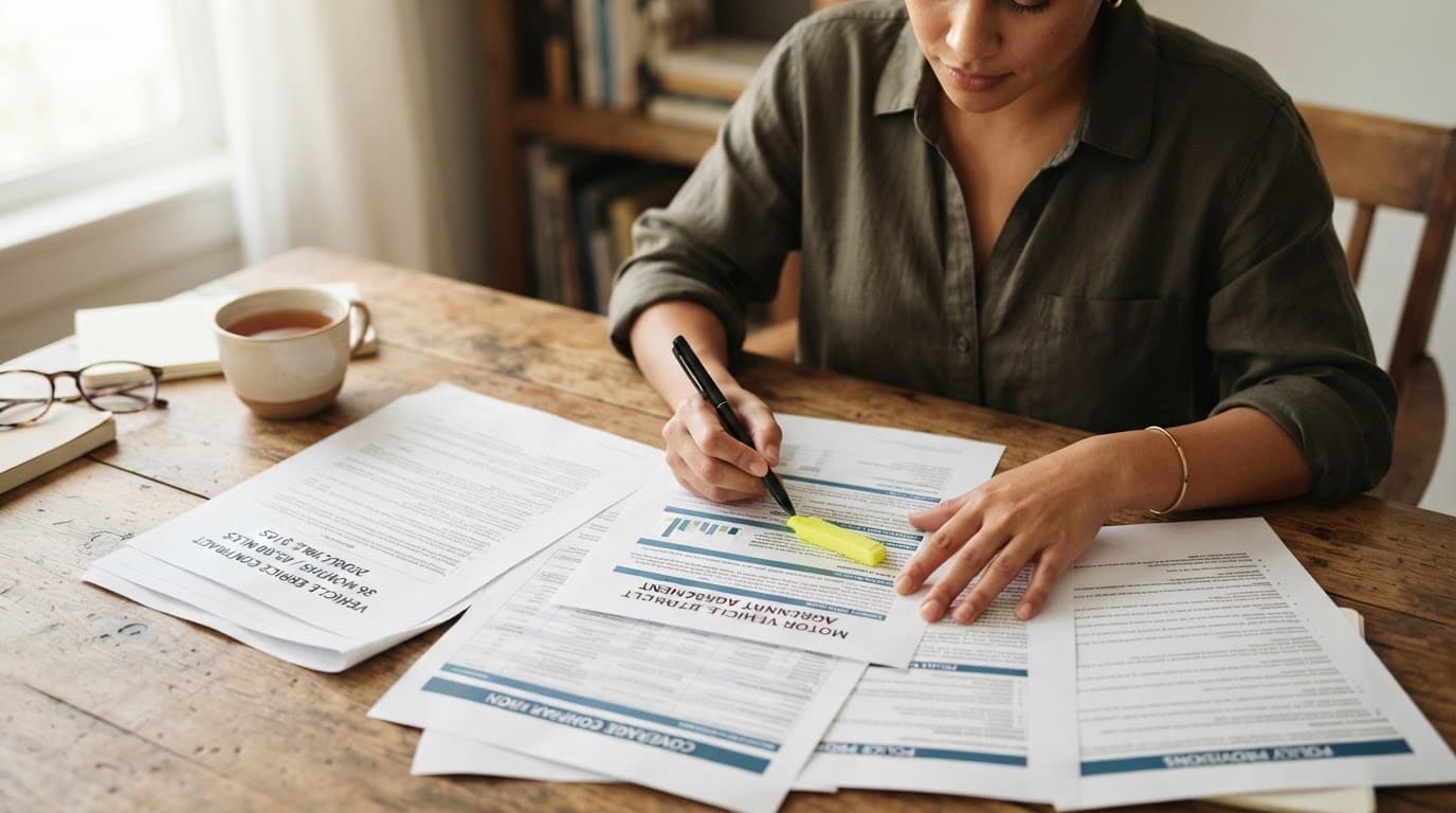Used Car Warranty Guide: What Cover Really Includes and Costs 5 A person compares car warranty papers and highlights terms on a wooden desk.