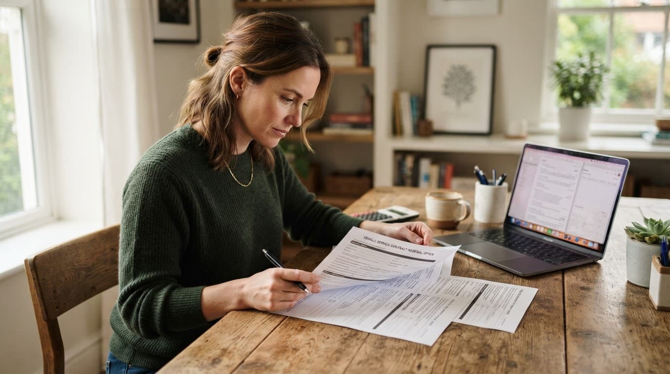 Used Car Warranty Guide: What Cover Really Includes and Costs 8 A person reviews car warranty papers at a wooden desk in soft natural light.