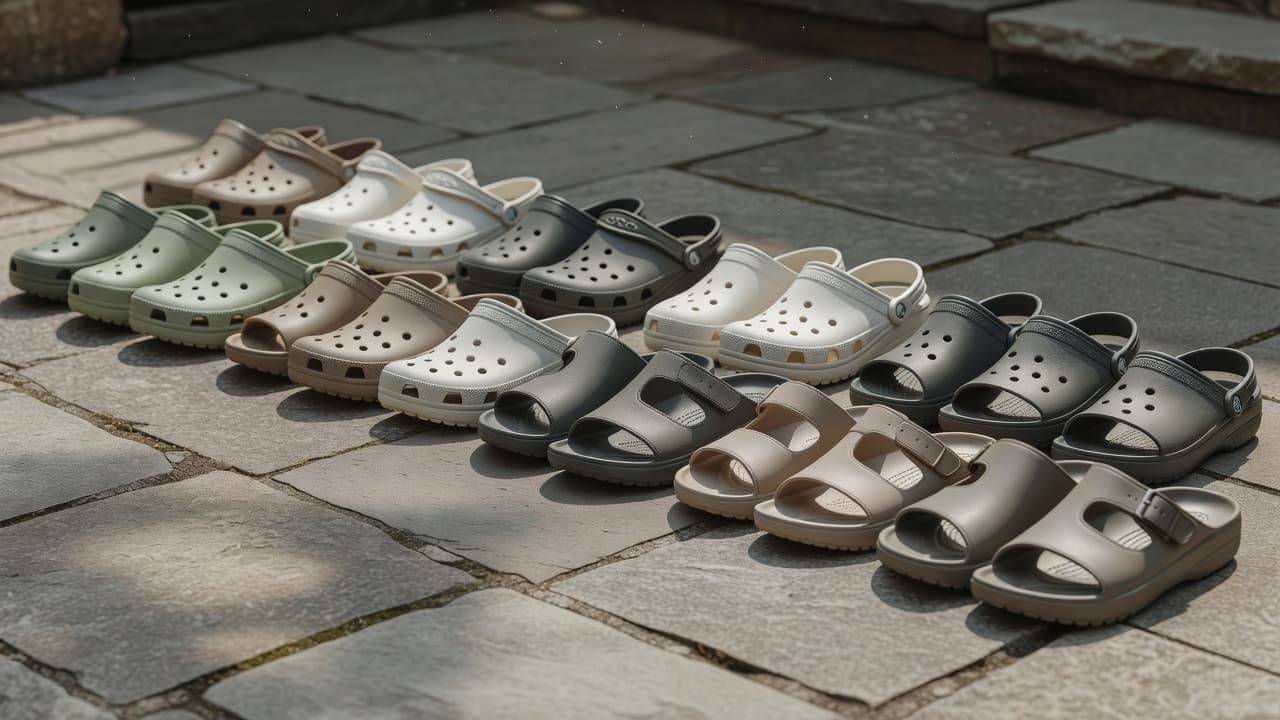 Various clogs and sandals are neatly aligned on a weathered stone patio. The minimalist outdoor arrangement highlights different styles of Crocs under soft, natural daylight, emphasizing a clean and high-quality luxury aesthetic.