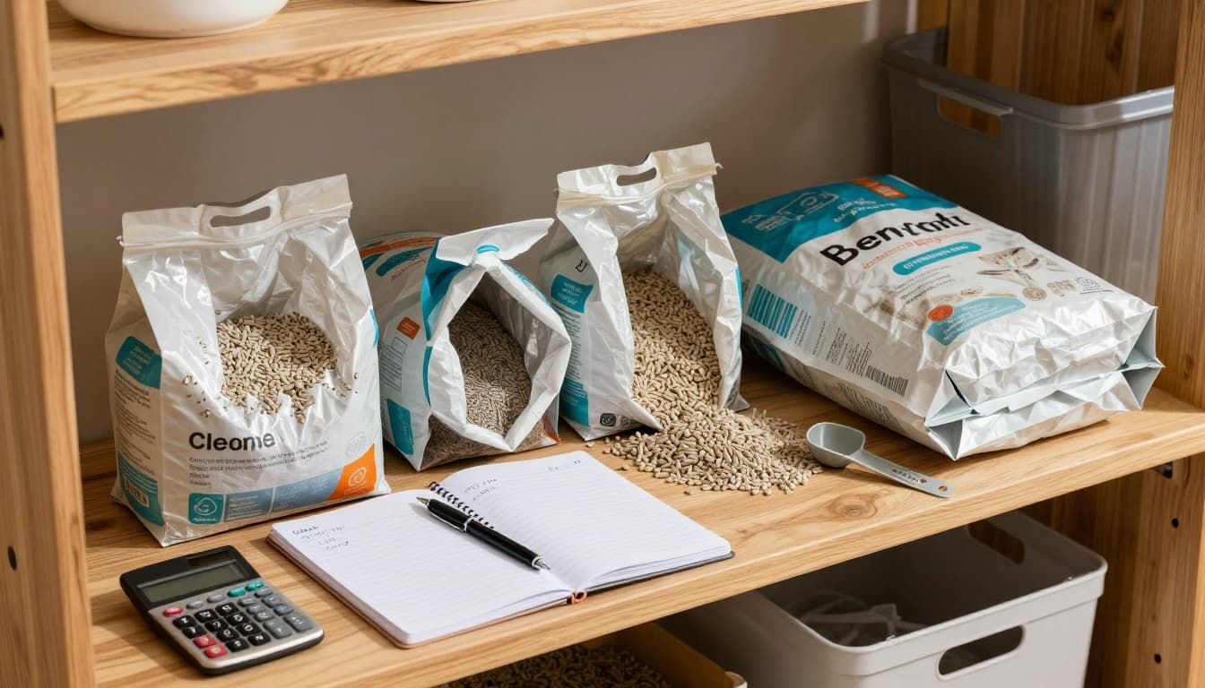 Practical home setup on a wooden shelf in a utility room featuring opened bags of clay, wood pellets, and paper cat litters alongside a notebook, pen, calculator, and measuring scoop for cost comparison. Photorealistic image with soft lighting, realistic textures, and organized background including bin and baskets.