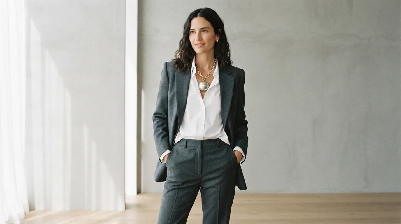 Vivian Westwood Necklace: A UK Buying and Style Guide 2 Woman in a charcoal suit and white shirt wearing a bold orb pendant necklace.