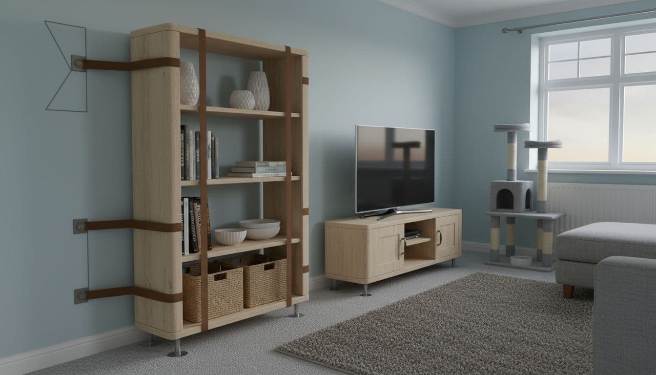Safety-focused home scene showing a tall freestanding shelving unit anchored to a wall with straps in a family living room, with heavy items on lower shelves, adjustable feet levelled on carpet, away from windows or climbable furniture, featuring child-safe elements like rounded edges and no loose cords.