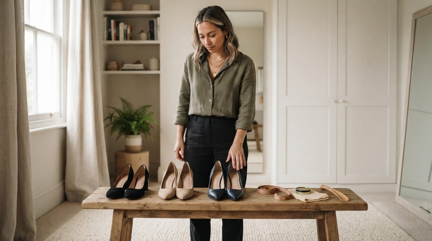 A woman comparing three types of footwear on a bench at home.