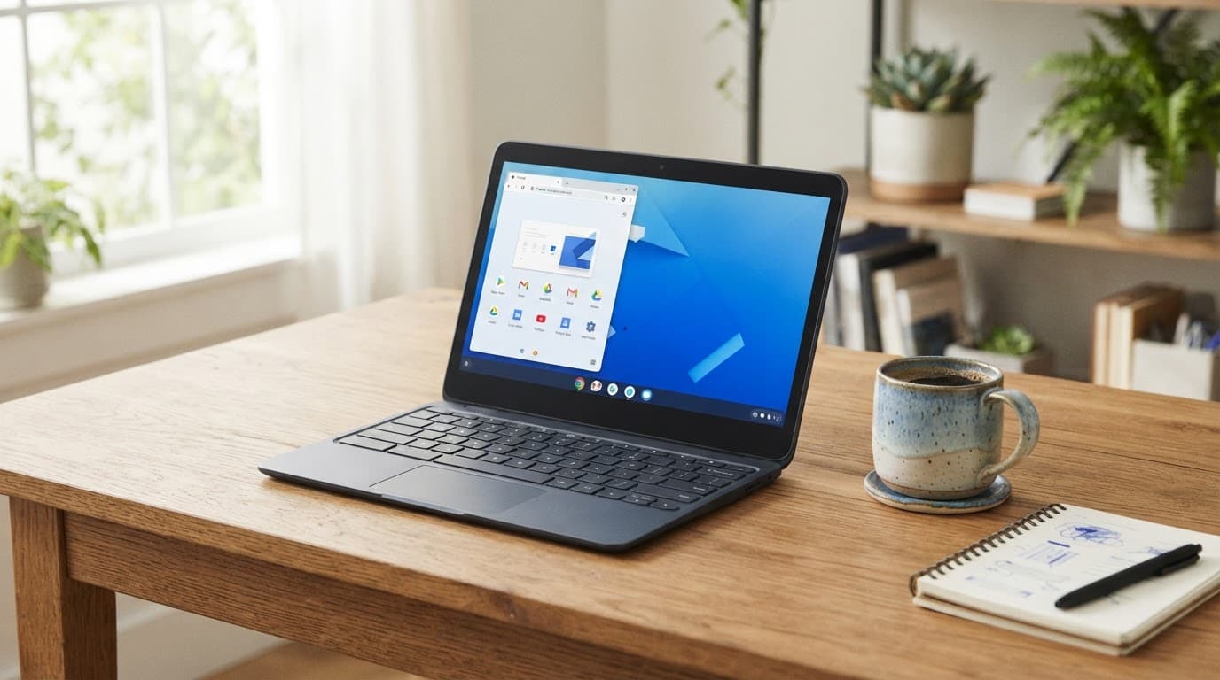 Open Chromebook and coffee cup on a wooden desk in soft window light.