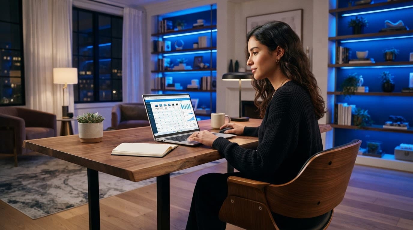 Person comparing laptop specifications at a wooden desk in a bright blue-lit room.