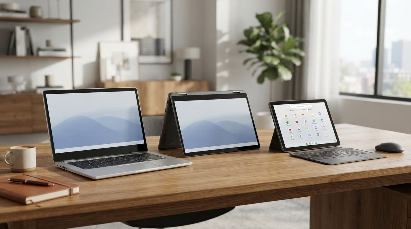 Three Chromebook styles arranged on a wooden desk in a bright modern office.
