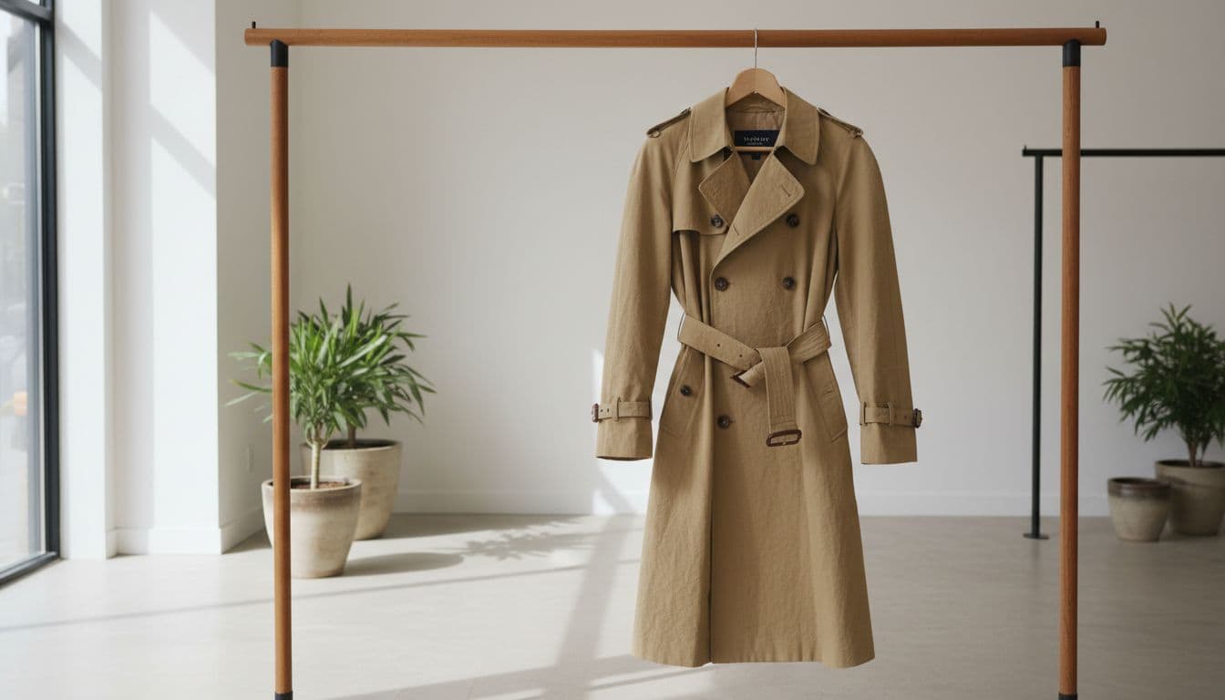 Classic beige trench coat in gabardine fabric with double-breasted design, matching belt, and epaulettes, hanging on a wooden rail in a minimalist boutique interior under soft natural window light.